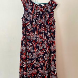 Navy print cap sleeve dress appropriate for work!